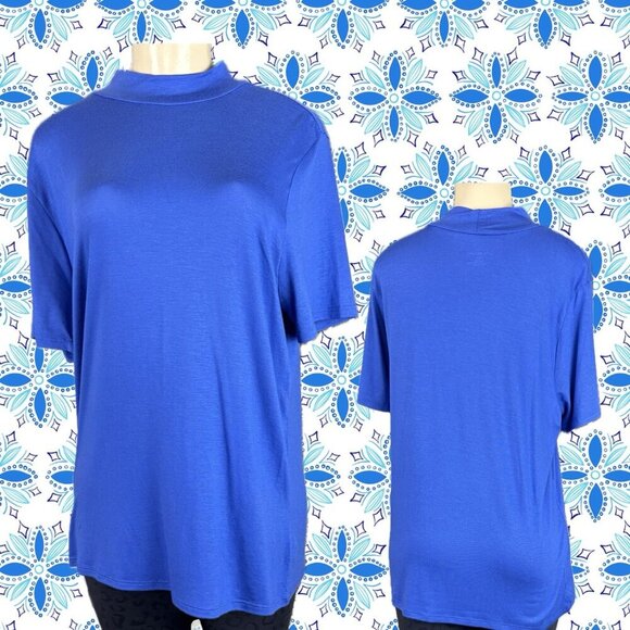 Lane Bryant 14/16-XL Solid Royal Blue Mock Neck Modal Blend Short Sleeve Top - Picture 1 of 6